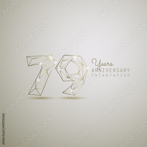 79 years anniversary logotype with gold wireframe low poly style. Vector Template Design Illustration.