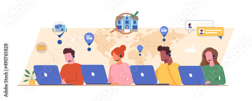 Customer service, call center, hotline for refugees flat vector illustration. Online global support 24 7. Hotline operator advises customer, helping find new housing. Customer support for refugees.