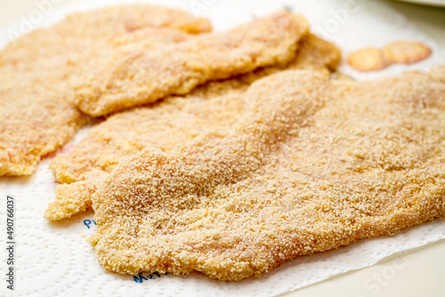 Breaded slices of thin meat in a schnitzel