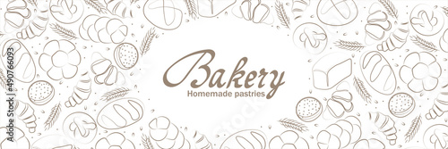 Trendy Vector horizontal background for bakery or cafe.Illustrations of buns,bread,baguette,and other pastries for packaging,labels,or signage.Line Art of food for banner, flyer or menu.Lettering