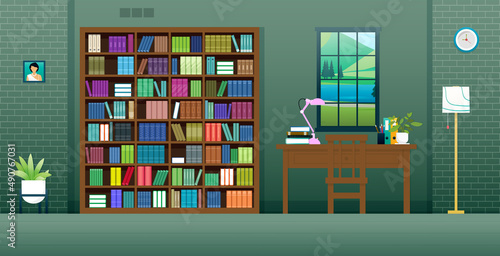 The bookshelves and tables are in the office room.