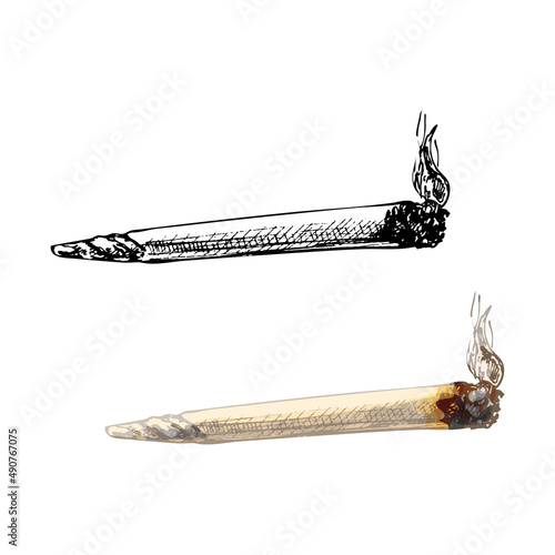 Smoldering handmade cigarettes with smoke. Vintage vector hatching illustration