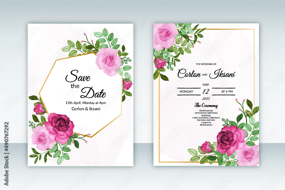 Elegant hand drawing wedding invitation floral design with water color free vector