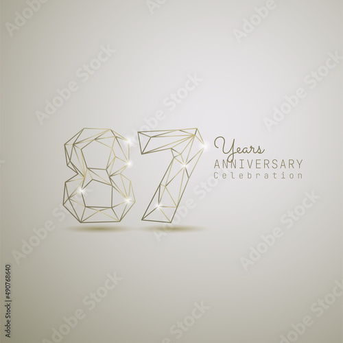 87 years anniversary logotype with gold wireframe low poly style. Vector Template Design Illustration.