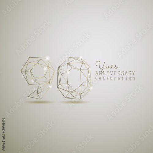 90 years anniversary logotype with gold wireframe low poly style. Vector Template Design Illustration.