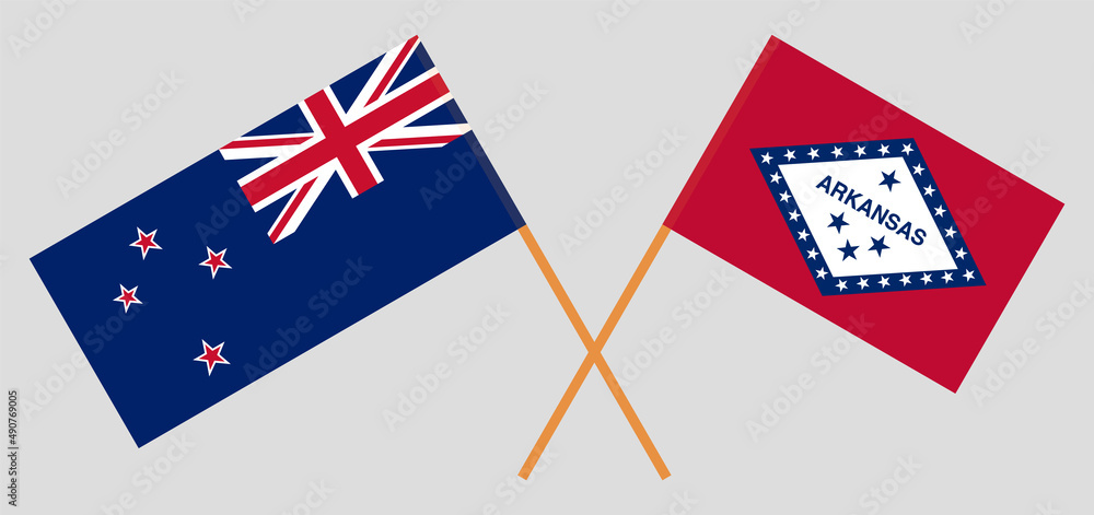 Crossed flags of New Zealand and The State of Arkansas. Official colors. Correct proportion