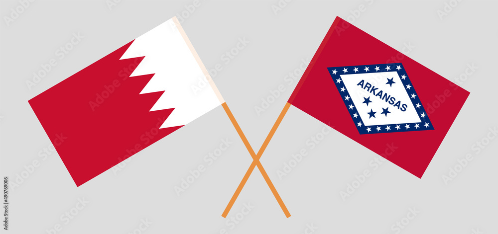 Crossed flags of Bahrain and The State of Arkansas. Official colors. Correct proportion Crossed flags of Bahrain and The State of Arkansas. Official colors. Correct proportion