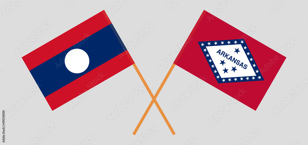 Crossed flags of Laos and The State of Arkansas. Official colors. Correct proportion