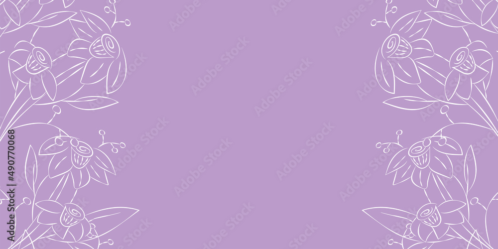 Vector illustration. Festive floral background in lilac tones, copy space for your text. Frame of narcissus flowers in purple. Rustic style horizontal template, hand drawn.