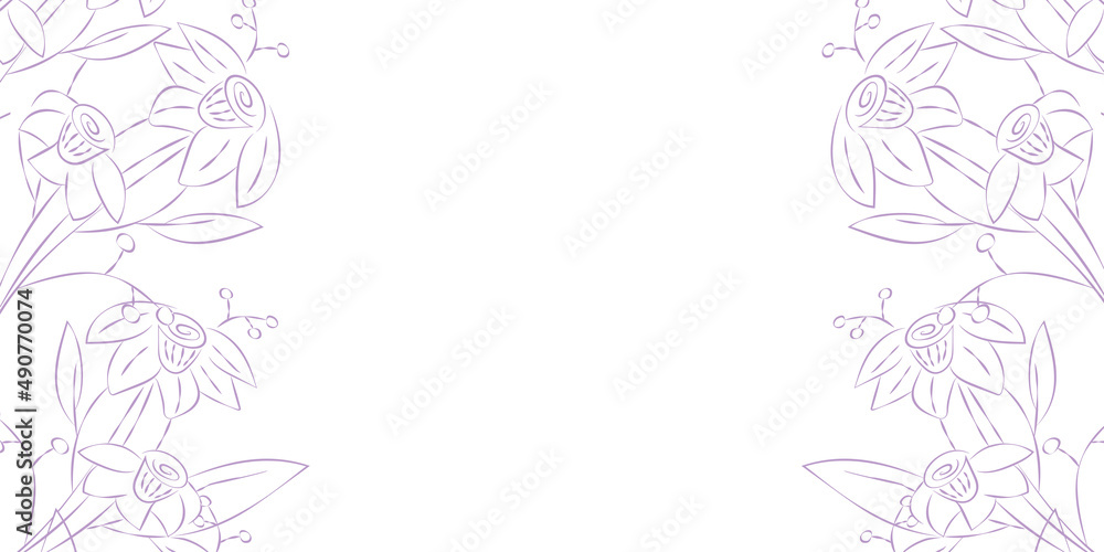 Vector illustration. Festive floral background in lilac tones, copy space for your text. Frame of narcissus flowers in purple. Rustic style horizontal template, hand drawn.