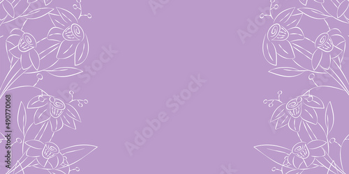 Vector illustration. Festive floral background in lilac tones, copy space for your text. Frame of narcissus flowers in purple. Rustic style horizontal template, hand drawn. © Alena Lauretskaia