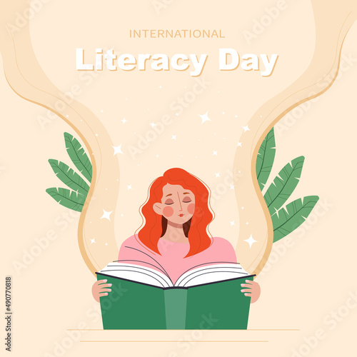 International Literacy Day vector illustration poster. Woman reading a book or studying. Book lovers, readers, modern literature fans banner template. Education background or learning event concept.