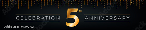 5th anniversary. Five years birthday celebration horizontal banner with bright golden color.