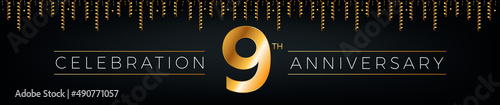 9th anniversary. Nine years birthday celebration horizontal banner with bright golden color.