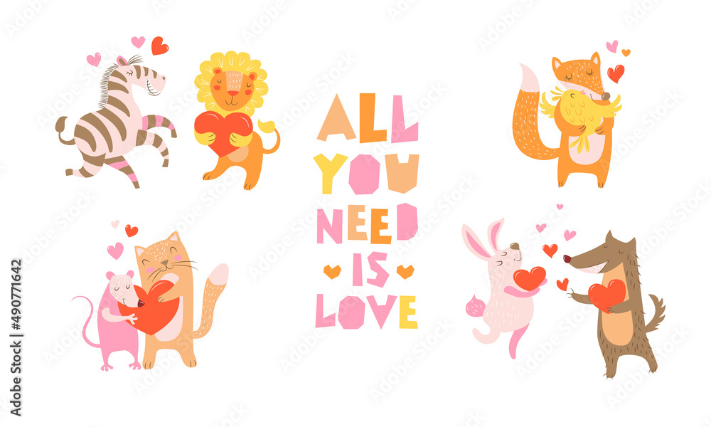 A pair of cute animals in love - a rat and a cat, a zebra and a lion, a fox and a chick, a wolf and a hare holding a heart in their paws. Lettering - all you need is love. Vector illustration