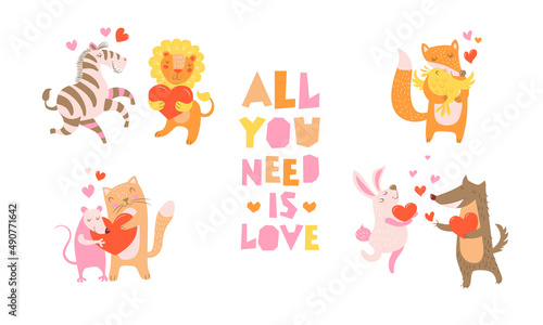 A pair of cute animals in love - a rat and a cat, a zebra and a lion, a fox and a chick, a wolf and a hare holding a heart in their paws. Lettering - all you need is love. Vector illustration