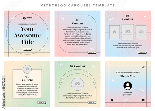 Microblog carousel slides template for instagram or social media. Six pages with aesthetic gradient pastel colors background