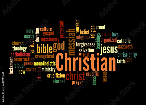 Bilde på lerret Word Cloud with CHRISTIAN concept, isolated on a black background