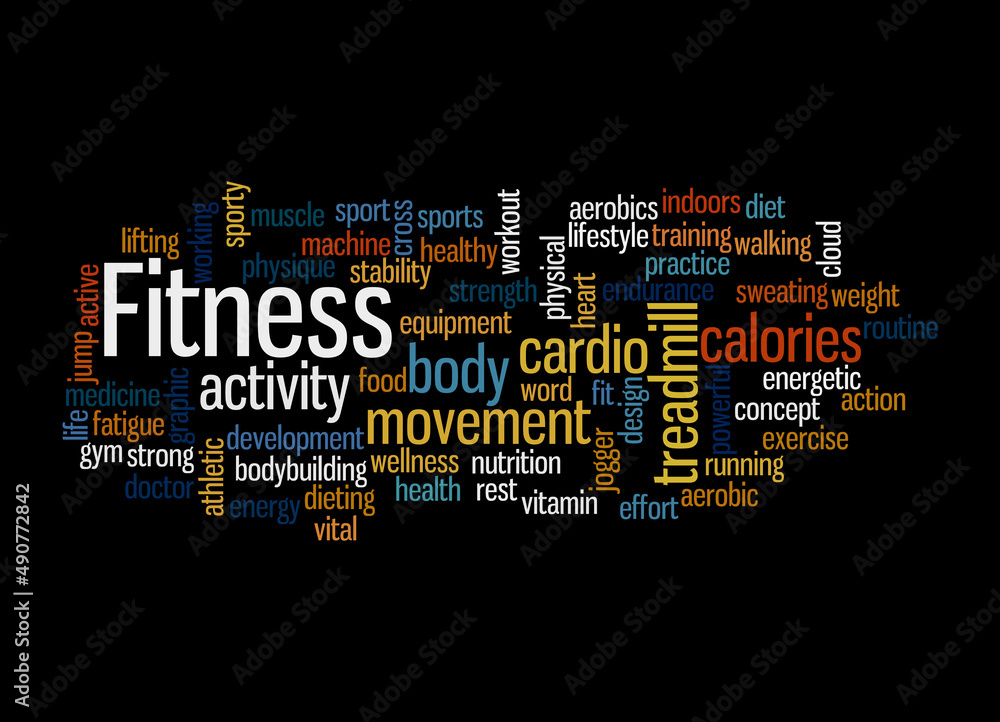 Word Cloud with FITNESS concept, isolated on a black background