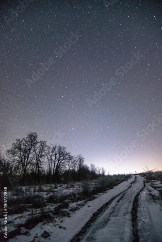 snowy landscape forest in the night . Night landscape. Nightsky and clouds . Stars in the sky . Lights of the city . 