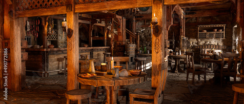 Wide panorama 3D illustration of fantasy medieval tavern bar. photo
