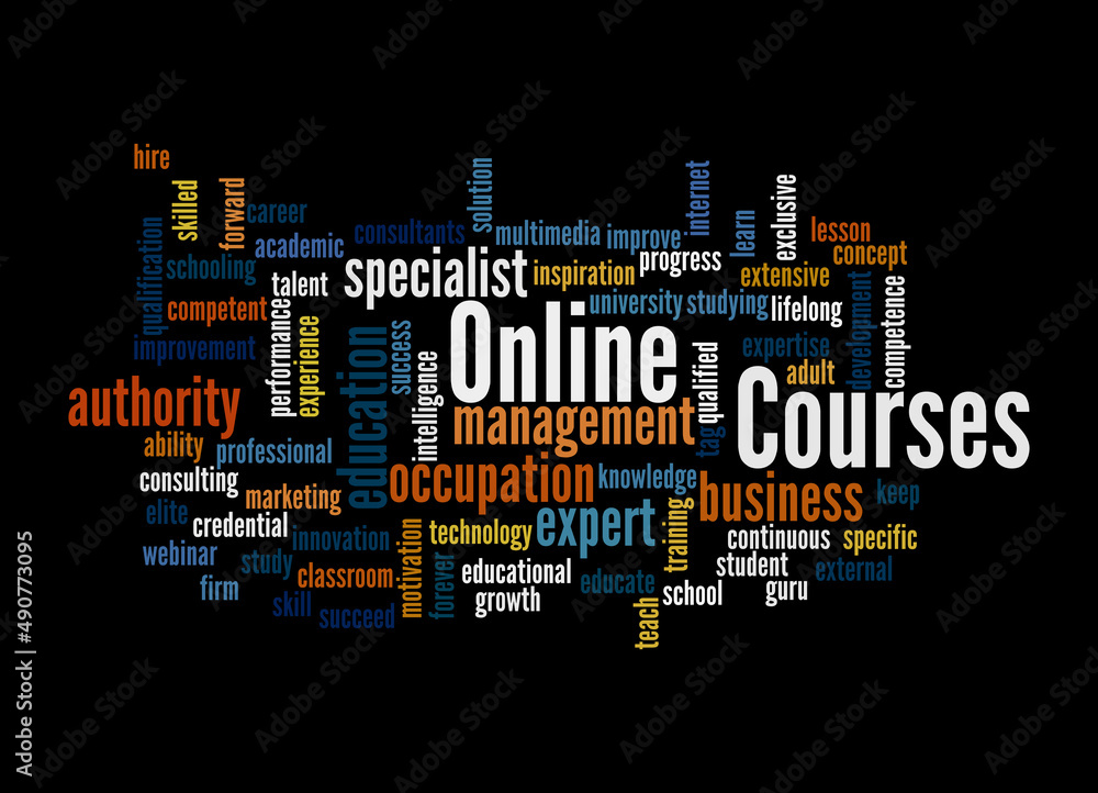 Word Cloud with ONLINE COURSES concept, isolated on a black background Word Cloud with ONLINE COURSES concept, isolated on a black background