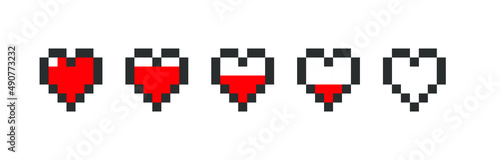 Pixel game life bar. Vector art 8 bit health heart bar. Gaming controller, symbols set.