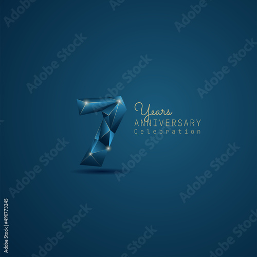 7 years anniversary logotype with blue low poly style. Vector Template Design Illustration.