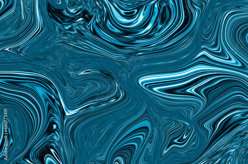 Blue waves marble texture. Precious metal flow image. Liquid surface artwork. 3d illustration