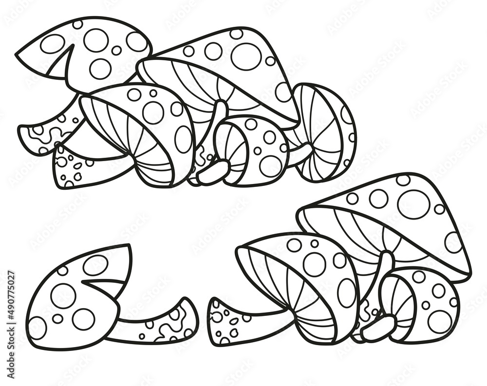 Alchemical ingredient amanita mushrooms outlined for coloring page on white background