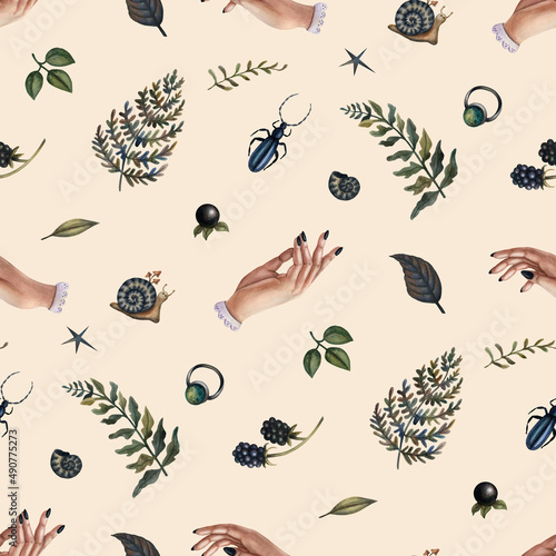 Seamless watercolor pattern for textiles and packaging. Woman s hands and forest leaves on a beige background.