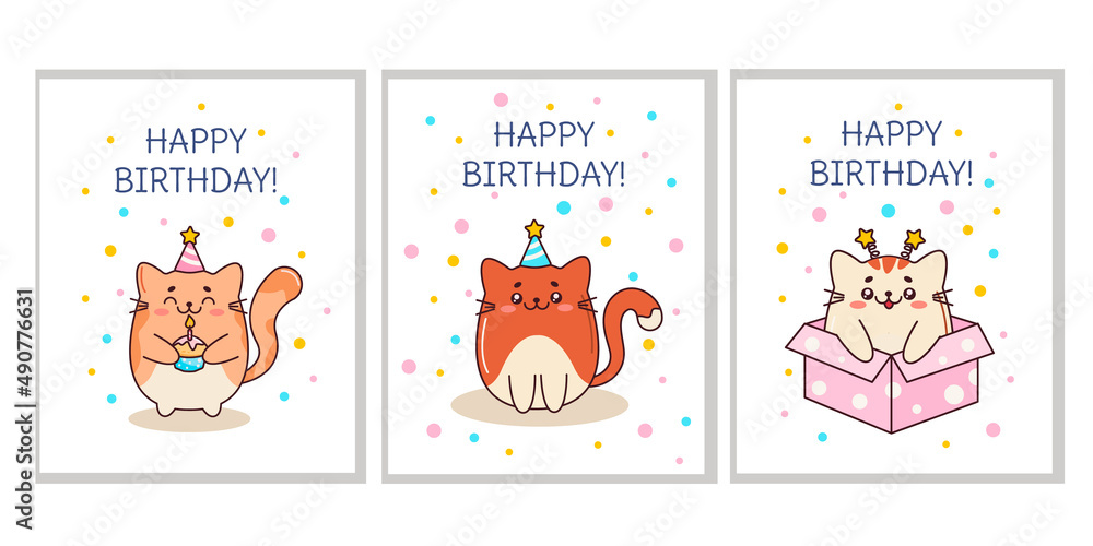 A set of Birthday greeting cards with cute cats in a kawaii style A set of Birthday greeting cards with cute cats in a kawaii style