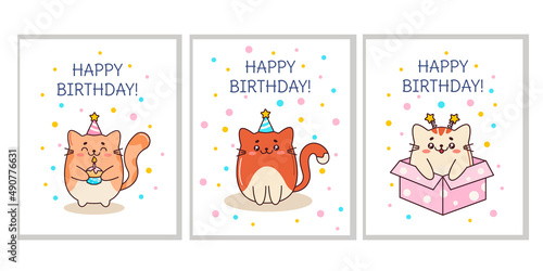 A set of Birthday greeting cards with cute cats in a kawaii style