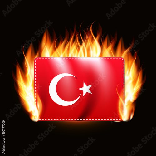 Turkey flag on fire background. Country emblem. Illustration
