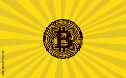 golden bitcoin digital currency with light and dark yellow lines background