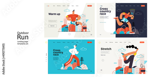 Runners website templates set. Flat vector concept illustrations of athletes running in a park, forest, stadium track or street landscape. Healthy activity and lifestyle. Sprint, jogging, warming up.