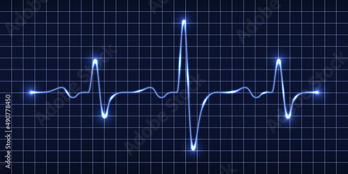 Heart beat pulse monitor; blue electric wave signal; oscilloscope graph. Electrocardiogram line graph with light glow effect. Technology vVector illustration