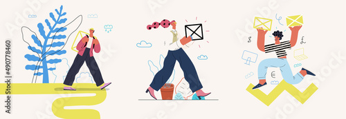 Startup illustrations set. Flat line vector modern concept illustration of people, startup metaphor. Concept of building new business, planning, strategy, teamwork and management. Company processes