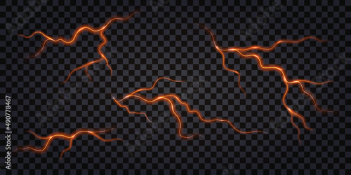 Earthquake ground cracks with molten lava fire lines, hot magma breaks and swirls. Liquid volcano lava cracks top view isolated on transparent background. Vector illustration