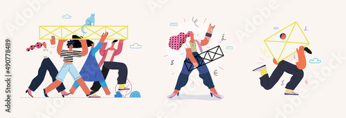 Startup illustrations set. Flat line vector modern concept illustration of people, startup metaphor. Concept of building new business, planning, strategy, teamwork and management. Company processes