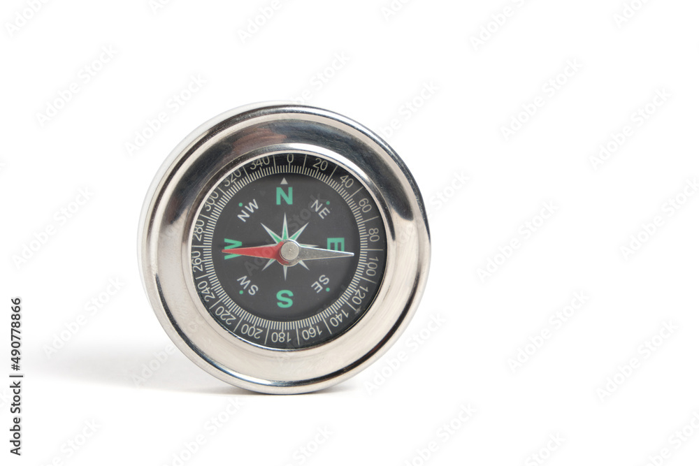 Compass on white background pointing west and east.