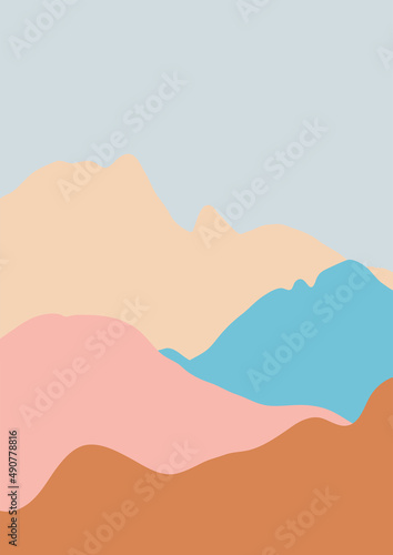 Landscape poster. Minimal background pattern vector. Abstract Mountain blue and beige graphic nature © Julia Klintsova