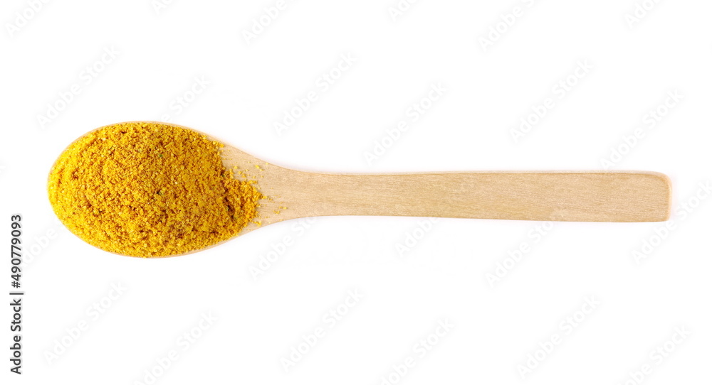 Seasoning salt, mix kitchen salt, turmeric powder, ground coriander, onion powder, ground ginger, mustard, white pepper, celery, chopped parsley, cumin, chili peppers in wooden spoon isolated on white Seasoning salt, mix kitchen salt, turmeric powder, ground coriander, onion powder, ground ginger, mustard, white pepper, celery, chopped parsley, cumin, chili peppers in wooden spoon isolated on white
