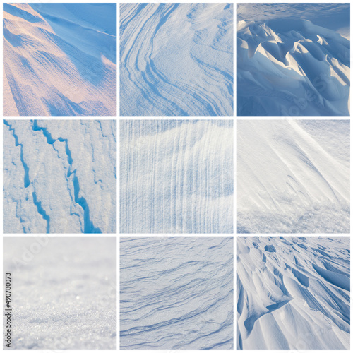 Set of snow textures. Collection of beautiful winter backgrounds with snowy ground. Natural textures of clean fresh flat snow and wind-sculpted patterns on the surface of the snow. photo