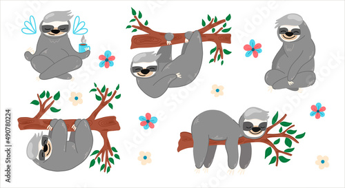 Vector set with cute sloths on a tree, cute animal, cartoon-style children's illustration, for fabrics, postcards, posters, clothes.