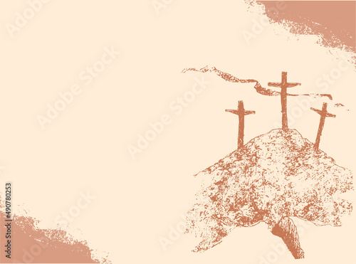 He is risen poster.  Easter biblical story. Calvary hill with three crosses silhouette. Jesus on the cross biblical vector illustrations. Crucifixion of Jesus Christ. Good friday banner template.