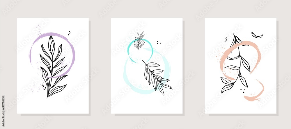 Botanical wall art set. Abstract contemporary modern trendy vector illustration. Foliage lineart drawing with abstract shape. Minimal and natural wall art design for print, cover, wallpaper
