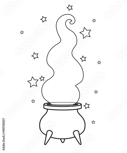 Large Witch's cauldron with magic potion steam outlined for coloring page on white background