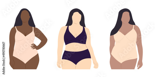 Plus sized woman body underwear. Set of woman model in lingerie vector illustration set.