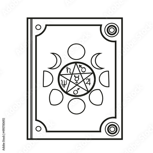 Magic book with forged corners and moon phases on the cover outlined for coloring page on white background